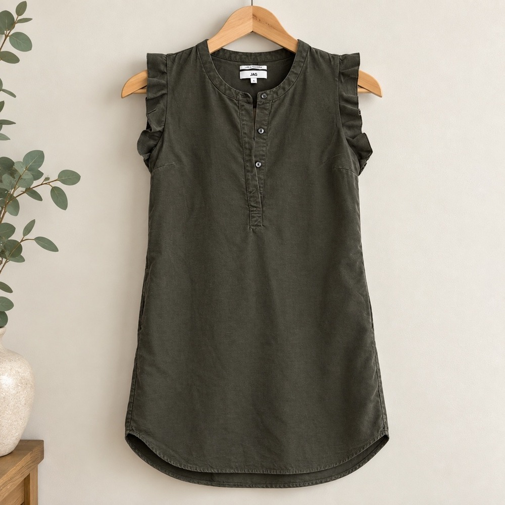 JAG Olive Green Linen Blend Ruffle Sleeve Henley Shift Dress Size 10